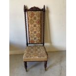 Mid Victorian nursing chair, decorated floral upholstery and spiral turned supports