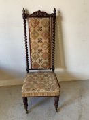 Mid Victorian nursing chair, decorated floral upholstery and spiral turned supports