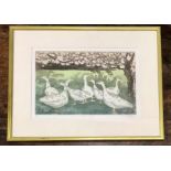 'Orchard Geese' etching by Judy Willoughby 9/100