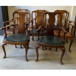 Queen Anne style walnut open armchairs with splat back, scrolled arms and cabriole legs