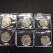 Six Different Collectable 50 pence coins, including scarce Football Offside rule explained 2011.