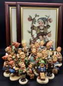 A Collection of Twenty Two Hummel or Goebel figures, with cards and two needlework pictures of two