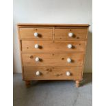 Pine two over three chest of drawers with white handles (H97cm W95cm D45cm)