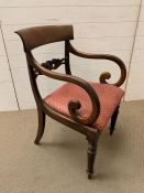 Mahogany desk chair or hall chair with open scrolled arms