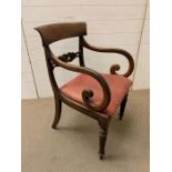 Mahogany desk chair or hall chair with open scrolled arms