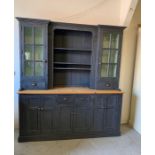 Large painted welsh dresser with glazed doors to sides and various cupboards and drawers (H217cm