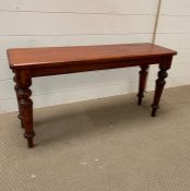 Mahogany hall bench on four balister on turned legs with with topple feet