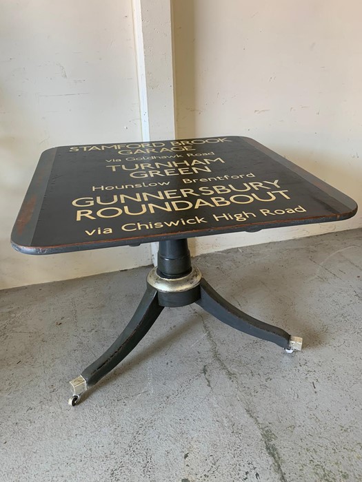 Tilt top table decorated with vintage London bus sign (H90cm W70cmsq) - Image 3 of 4