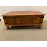 Hardwood coffee table with drawers to centre and handles to sides (H44cm W110cm D60cm)