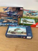 A selection of five boxed aircraft model kits to include, Amodel W-2, Fujimi Spitfire, Tri0ang