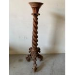 Pine torchiere with spiral column on tripod scrolled feet (H130cm)