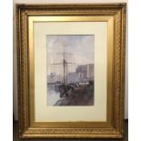 Beatrice A Fairless (1883-1943) A watercolour of a port scene with a Fort in the background.