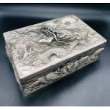 A Chinese Silver Cigarette or Cigar Box with Dragon Motif marked Zee Sung to base. (Total weight