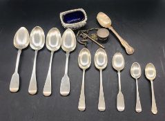 A Selection of silver items to include spoons and a salt.