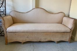 A pine frame three seater settee with serpentine back and storage drawers under (204 cm Long x 103