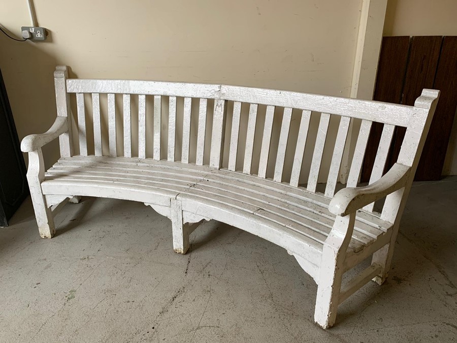 White painted reclaimed curve wooden bench (H100cm W234cm D60cm)