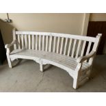 White painted reclaimed curve wooden bench (H100cm W234cm D60cm)