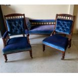 Three piece salon suite with button back and blue upholstery