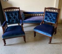 Three piece salon suite with button back and blue upholstery