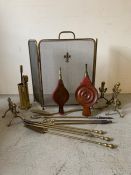 A selection of brass fire furniture including screen, tools and bellows