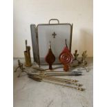 A selection of brass fire furniture including screen, tools and bellows
