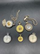 Six pocket watches in various styles and ages