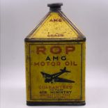 An ROP A.M.G Motor oil can. Guaranteed to Pass Air Ministry Oxidation Test with images of plane