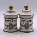 A Pair of French Apothecary jars for Opium and Heroine. 8cm High