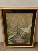 A 20th century Balinese school, White egrets in a lotus pond, unsigned, mixed media on canvas,