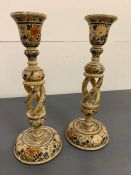 Two hand painted Kashmir Indian lacquered wooden candle sticks with twist (H31cm Base Dia12cm)