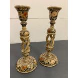 Two hand painted Kashmir Indian lacquered wooden candle sticks with twist (H31cm Base Dia12cm)