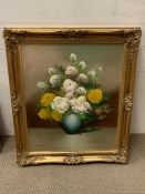 A 20th century English school, Flower arrangement in a vase, signed: "Moon" lower left, oil on