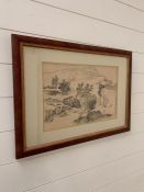 After Wang Hui (probably), a 20th century Chinese print, Landscape with 2 figures, framed and