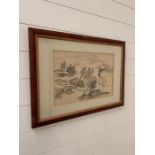 After Wang Hui (probably), a 20th century Chinese print, Landscape with 2 figures, framed and