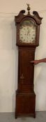 19th century longcase clock, white dial with black numerals by John Wallace. Arch painted with a