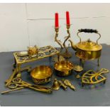 A selection of brass including kettle and stands