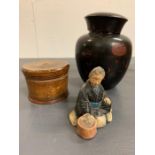 A mixed selection of items including a bobby head Geisha and turned wooden pot with counters