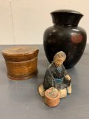 A mixed selection of items including a bobby head Geisha and turned wooden pot with counters