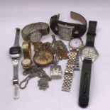A selection of watches, to into wristwatches, necklaces with watch pendant and a pocket watch