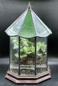 A stained glass terrarium on wooden stand