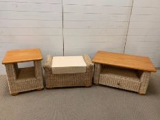 Three pieces of wicker furniture comprising of coffee table, side table and seat (Coffee table H44cm