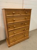 A pine chest of drawers, two short over four long (H118cm W90cm D43cm)