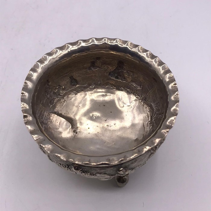 A pair of Persian silver salts or bowls on three legs. - Image 3 of 5