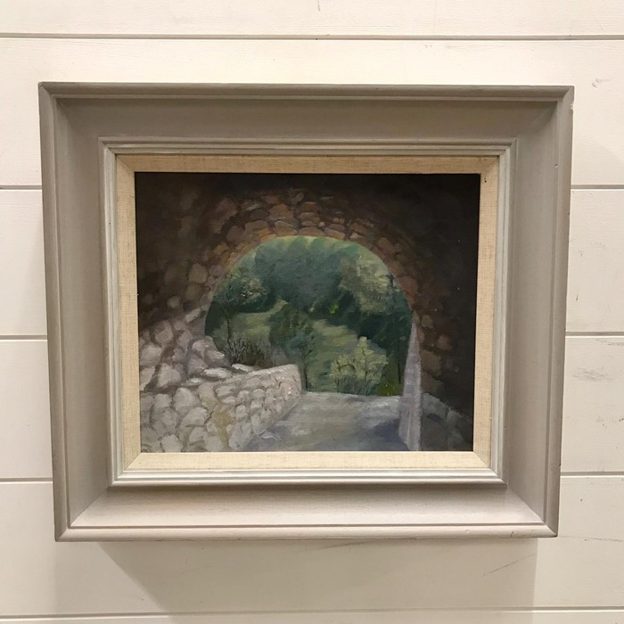 Atributted to Audrey Woolley (1927-2018) British, "Through the arch", oil on board, within a - Image 2 of 5