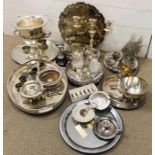 A Large volume of silverplated items to include wine bucket, wine coasters.