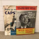 Two vintage advertising posters/boards, " Never Go Without a Capstan" and "Wills Whiffs Cigars"