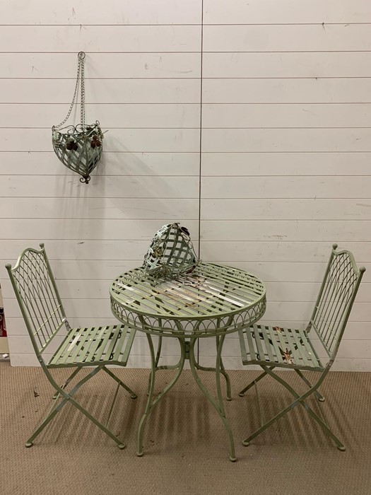 A metal garden Bistro set comprising of a table, two chairs and two hanging baskets - Image 2 of 3