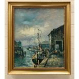 A 20th century Continental school, Fisherfolk and boats at the quay, oil on canvas, illegibly signed