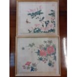 A 20th century Chinese school, three paintings on silk depicting flowers and butterflies, signed,