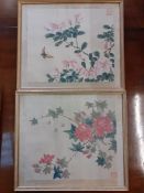 A 20th century Chinese school, three paintings on silk depicting flowers and butterflies, signed,